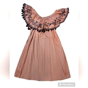 Umgee Med Embroidered off shoulder ruffle black pompom trim